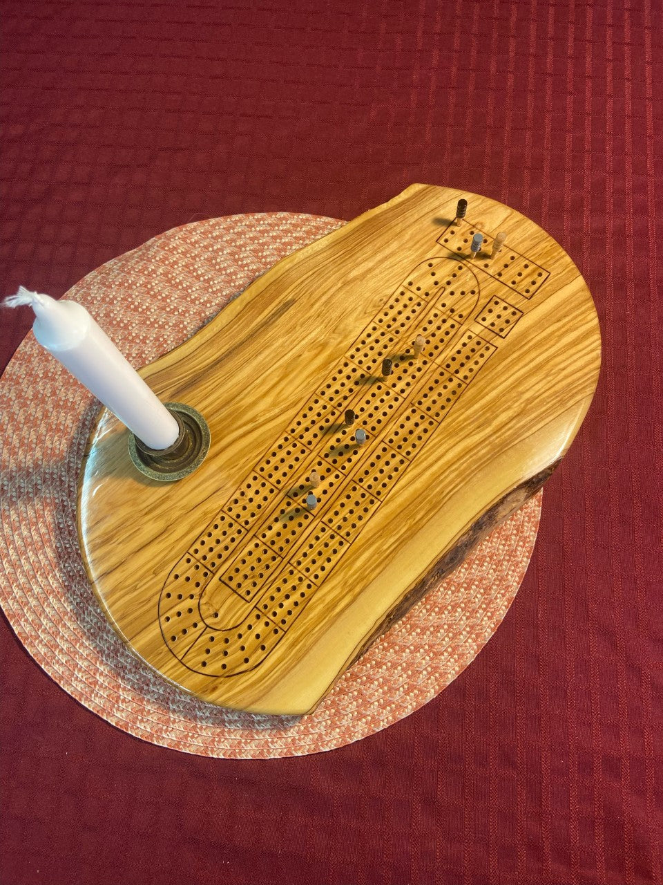 Olivewood Live Edge Cribbage Board with Candle Holder